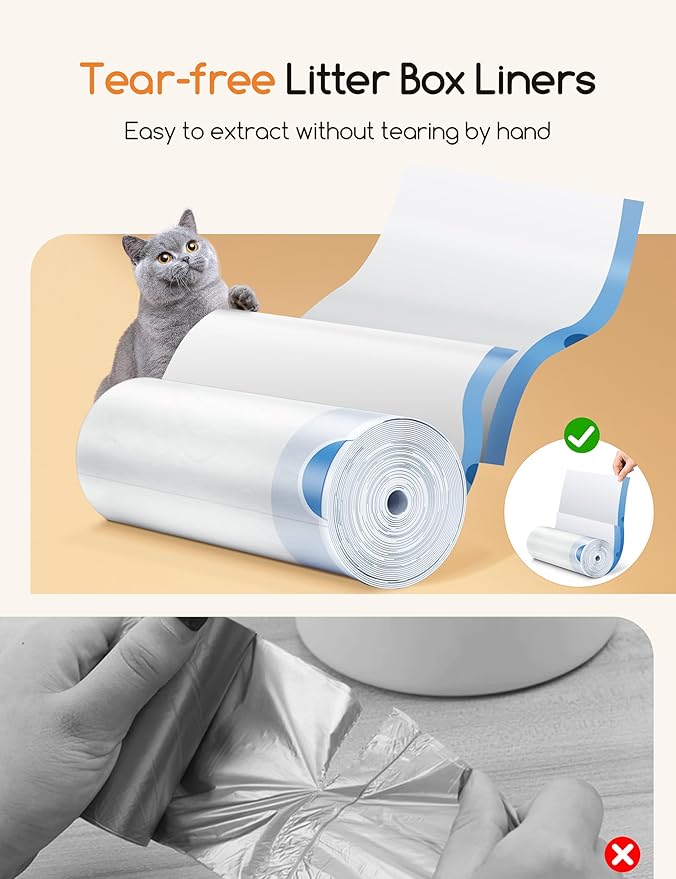 MeoWant Cat Litter Box Liner -120PCS Heavy Duty Drawstring Trash Bags for MeoWant MW-SC01/MW-SC02 Automatic Self-Cleaning Boxes, Extra Thick Leakproof, 6 Rolls (20 Bags/Roll)