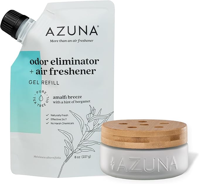 Azuna Air Freshener & Odor Eliminator for Strong Odor | 1 Room Kit Includes (1) Empty Luxe Glass Jar & 8oz Refill with Tea Tree Essential Oil Gel | Amalfi Breeze | Last 60-90 Days