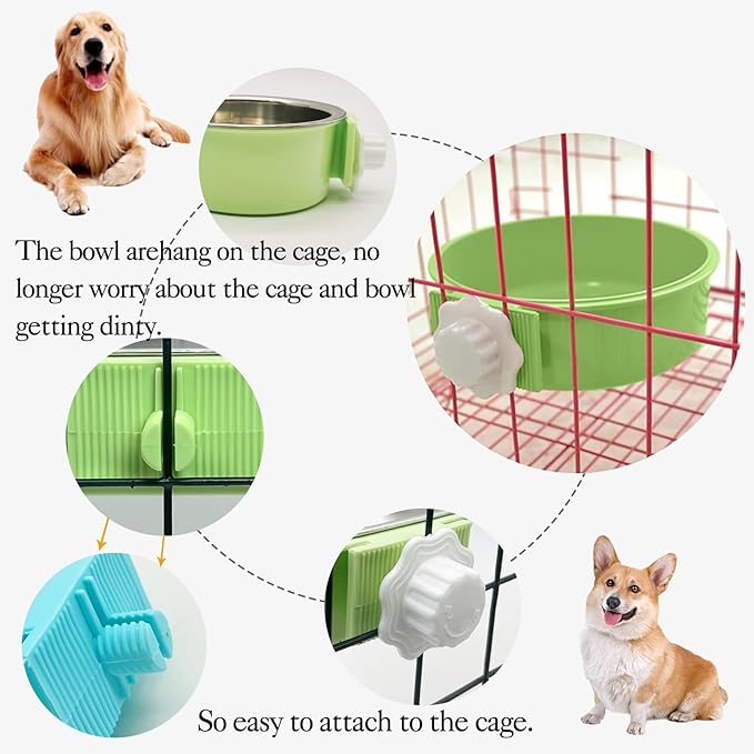 kathson Crate Dog Bowl 2pcs, Removable Stainless Steel Hanging Pet Kennel Cage Bowl Food & Water Feeder Coop Cup for Puppy, Cat, Rabbit, Guinea Pigs (2 PCS, Size: L, Blue and Green)