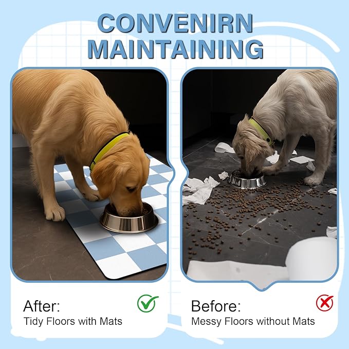 Pet Feeding Mat, 16"x 24" Absorbent Dog Food Mat, Checkered Cat Bowl Mats, Easy to Clean Pet Placemats, Quick Dry Dog Water Dispenser Mats for Messy Drinkers, Blue & White