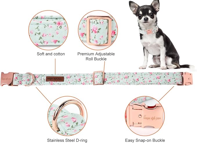 Unique style paws Dog Collar Metal Buckle Green Flowers Collar Gift Durable Cute Collar for Small Medium Large Boys Girls Dogs