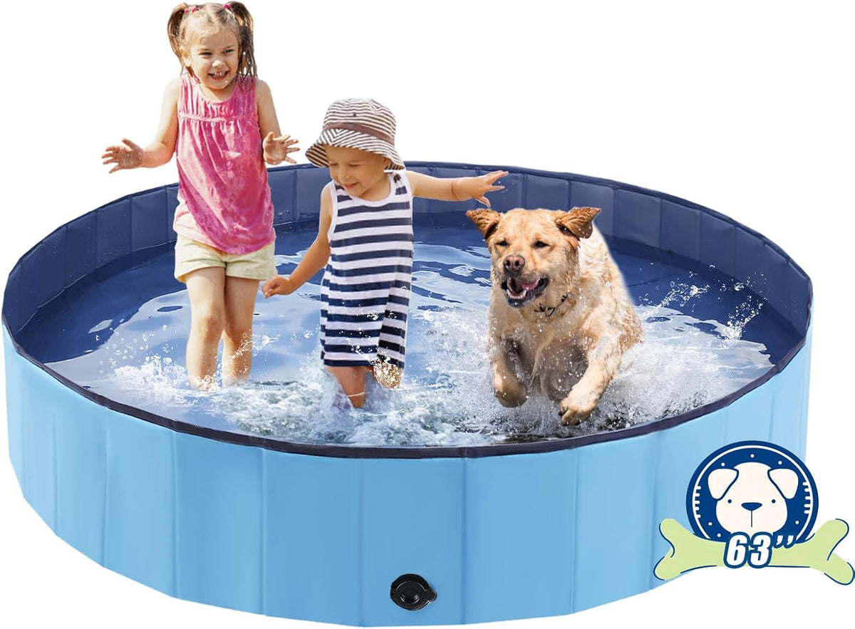 Foldable Dog Bath Swimming Pool Plastic Kiddie Pool Professional Tub Collapsible Grooming Bathtub for Pets Kids Baby and Toddler, 63 x 12 Inches Blue