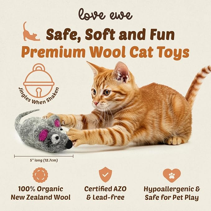 Hustle & Blush Love Ewe Felted Cat Toys 3 Pack - 5 Inch Mouse & 2 Inch Ball Hand Made Cute & Fun Design Kitten Wool Felt Balls for Indoor Play & Exercise - 100% New Zealand Handmade - Holiday Pet