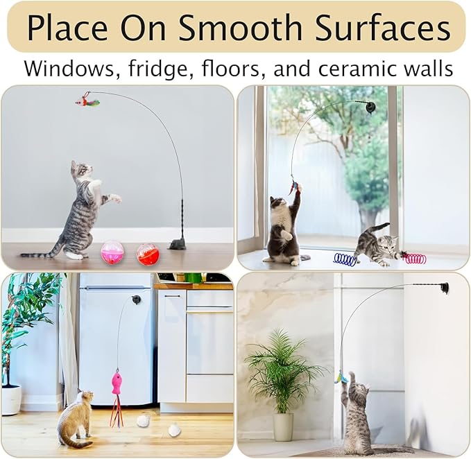 22Pcs 5-in-1 Cat Toys Interactive Cat Toy for Indoor Cats with Sticky Super Suction Cup Detachable Replacements Feathers Balls Mice Spring 3 Wand Hanging Door Kitten Toys