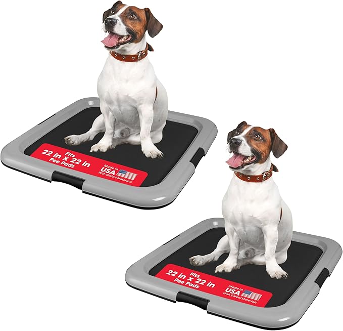 IRIS USA Pee Pad Holder - for Regular Sized Dog and Puppy Pee Pads, Secured Latches, Non-Skid Feet, Polished Finish for Easy Cleaning, Leak Protection, Fits 22"x22" Pad or Larger, 2 Pack, Black/Gray