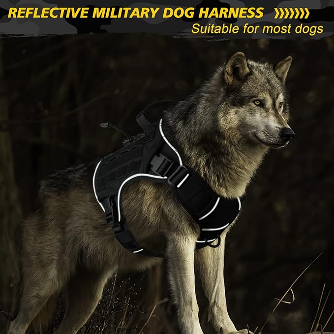WINGOIN Black Tactical Dog Harness for Large Dogs, Heavy Duty No Pull Dog Harness with Handle, Adjustable Reflective Military K9 Big Pet Vest for Husky, Doberman, Walking, Training, Hunting (XL)