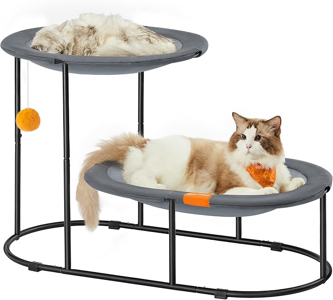 Feandrea 2-Tier Elevated Cat Hammock Bed, Breathable Furniture for Multi-Cat Households Indoor and Outdoor, with Removable Washable Mesh, Steel Frame, for Summer, Dove Gray UPCB012G01