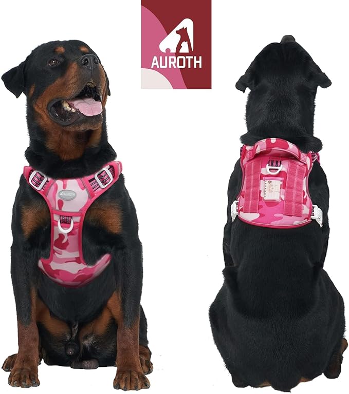 Auroth Tactical Pet Harness for Small Medium Large Dogs No Pull Adjustable, Reflective K9 Working Training Easy Control Vest Military Service Dog, Large, Pink Camo