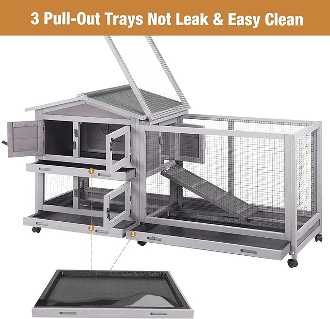 Bunny Cage Indoor and Outdoor Rabbit Hutch with Casters Waterproof Roof, Pull Out Tray from Back and Front 61.2" L x 22.6" W x 33.5" H
