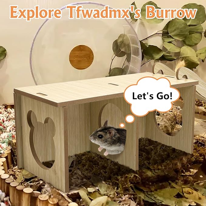 Tfwadmx Wooden Small Animal Hideout & Ramp - Hamster Tunnel System with Climbing Ladder, Peep Shed and Digging Chambers for Mice, Dwarf Hamsters