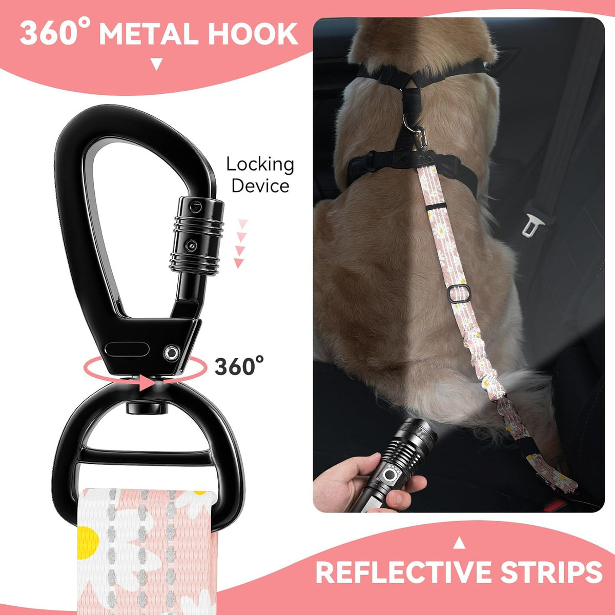 Pawaboo 2Pack Dog Seatbelt for Car, 3-in-1 Dog Car Seat Belt Bungee, Dogs Tether for Cars with Buckle & Hook Latch, Adjustable Reflective Dogs Cars Harness Leash with 360° Lockable Buckle, Light Pink