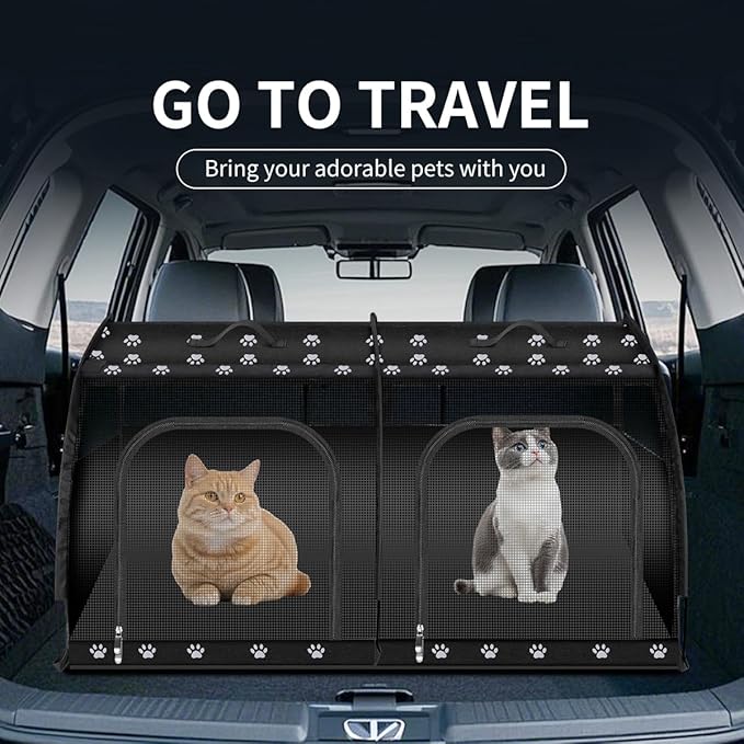 Double Cat Car Travel Carrier, Twin Compartment Show House Cat Cage/Condo，Portable Pet Crate for 2 Cats Travel Double Dog Crate Set for Long Distance Travel