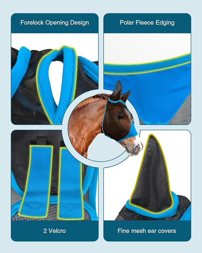 Hilltown Adjustable Fly Mask for Horse with Ears - UV-Block, Large Eye Space, Breathable, Built to Last, Comfort Fit - Horse Fly Mask for Daily Stable, Hot Weather Riding & Competition - Full, Blue