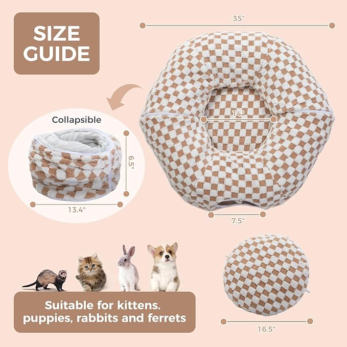 PEQULTI Cat Tunnel with Cat Bed for Indoor Cats, Cat Play Donut Tunnel with Washable Soft Plush Mat, Round Tunnel Toys Cute Tube for Kittens, Puppies, Rabbits and Ferrets, Brown