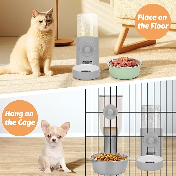 Yummy Sam Hanging Cage Automatic Small Pet Food Bowl Water Bottle Dispenser, Kennel 500ML Waterer and Auto Gravity Pet Feeder Set with Separate Food Bowl Crate Feeder Dish for Puppy Cats Rabbit (Grey)