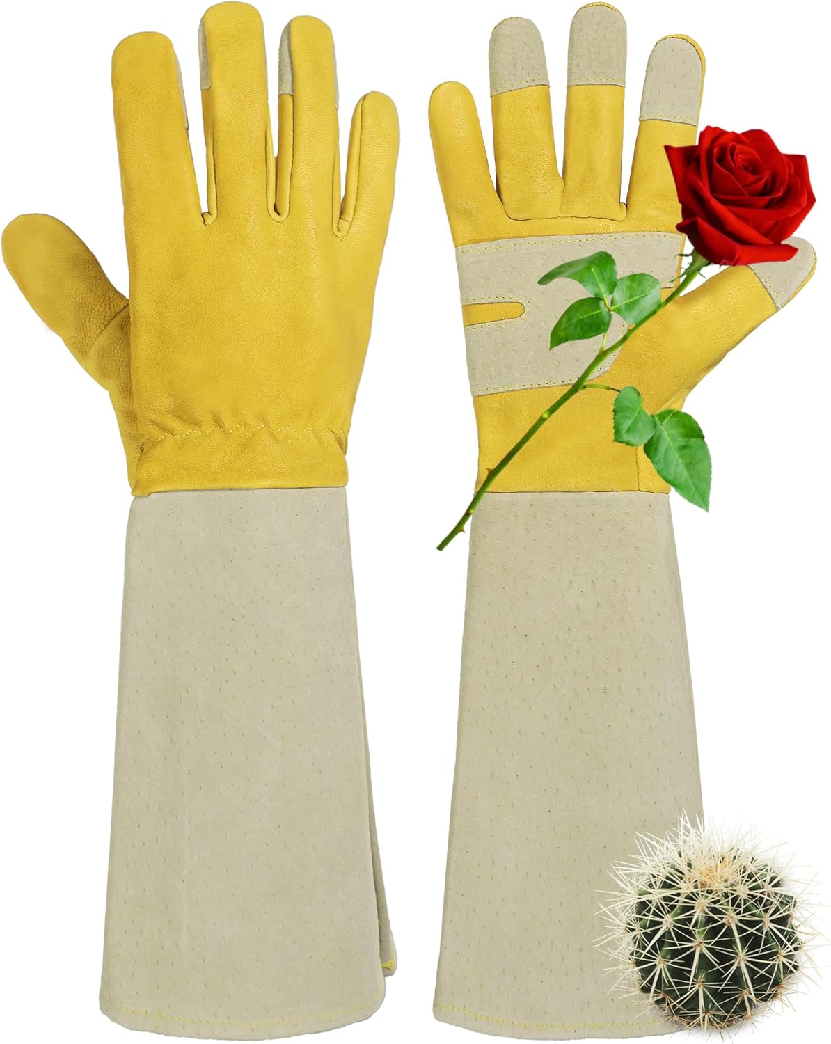 HANDLANDY Rose Pruning Gardening Gloves for Men Women, Thorn Proof Forearm Protection Leather Garden Gloves, Gardening Gifts for Gardeners (Yellow- goatskin, Small (Pack of 1))