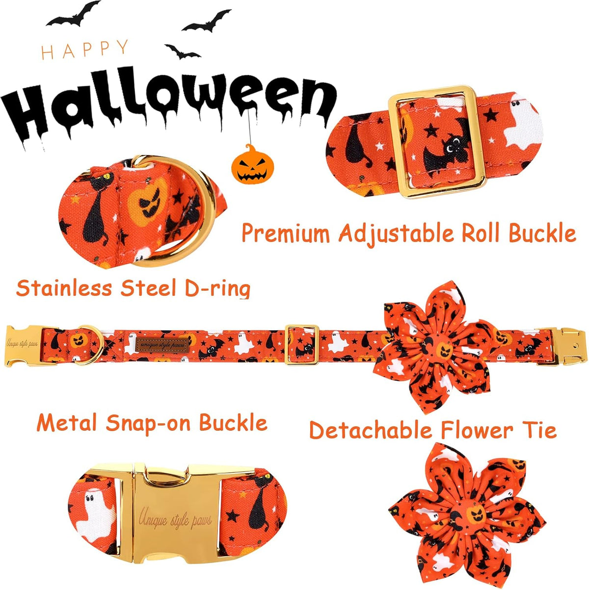 Unique style paws Halloween Dog Collar with Flower Tie Cotton Adjustable Puppy Collar for Small Medium Large Dogs-M