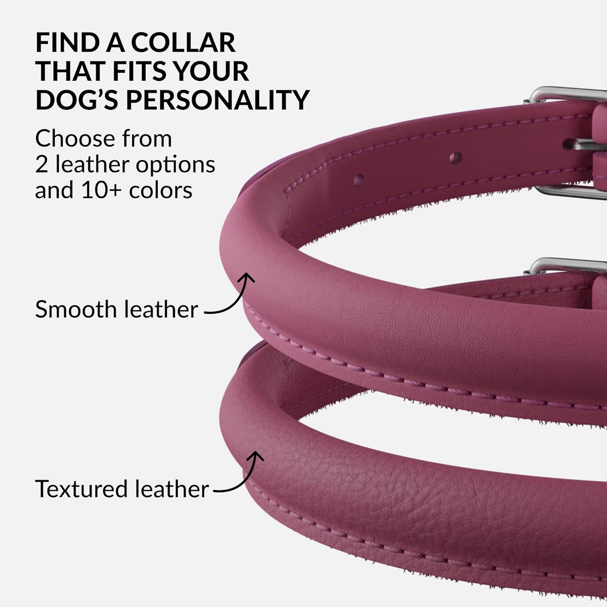 CollarDirect Rolled Leather Dog Collar, Soft Padded Round Puppy Collar, Handmade Genuine Leather Collar Dog Small Large Cat Collars 13 Colors (15-19 Inch, Pink Smooth)