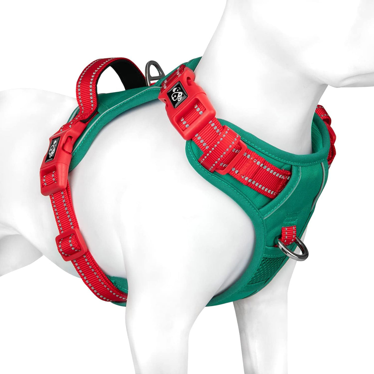 PHOEPET No Pull Dog Harness, Unique Colors Reflective Adjustable Dog Vest, with Soft Training Handle Metal Clips for Small Medium Large Dogs (Dark Green Base & Red Straps,M)