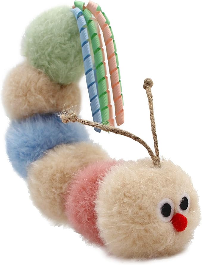 Interactive Natural Catnip Kicker, with Rattle and Ribbon, Bite Resistant, for All Ages Indoor Cat, Soft Caterpillar Kicker, Fluffy Kitten Toy