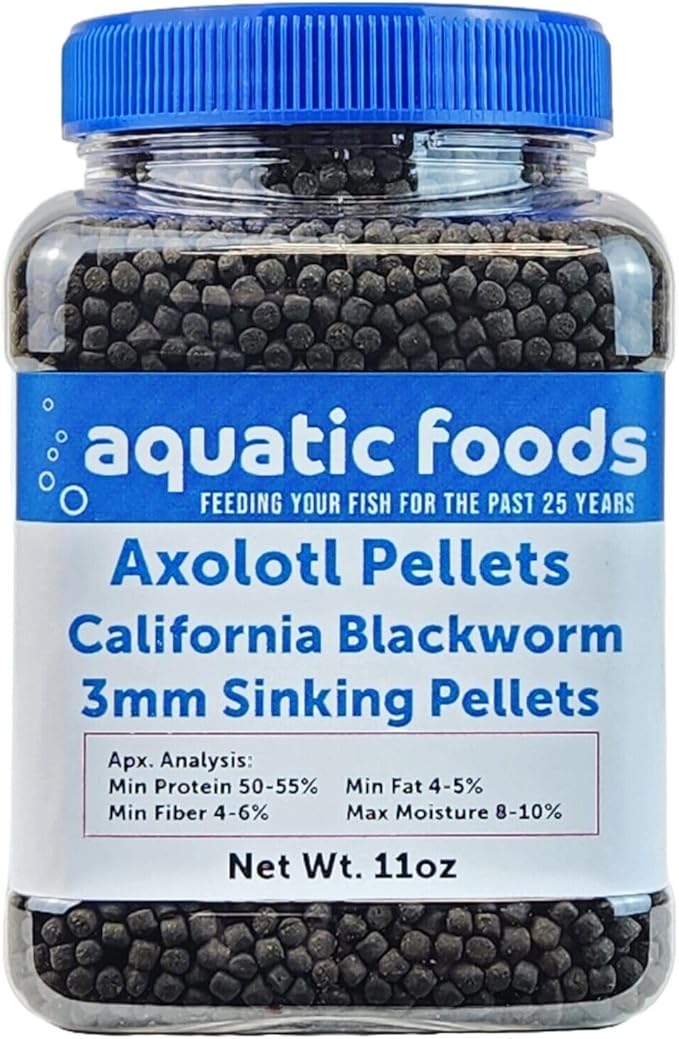 Aquatic Foods Inc. Axolotl Blackworm Pellets. 3mm-1/8 Sinking California Blackworm Medium Pellets for Medium/Large Axolotl, Frogs, Shrimp, Salamanders, Newts, Snails…11oz Jar