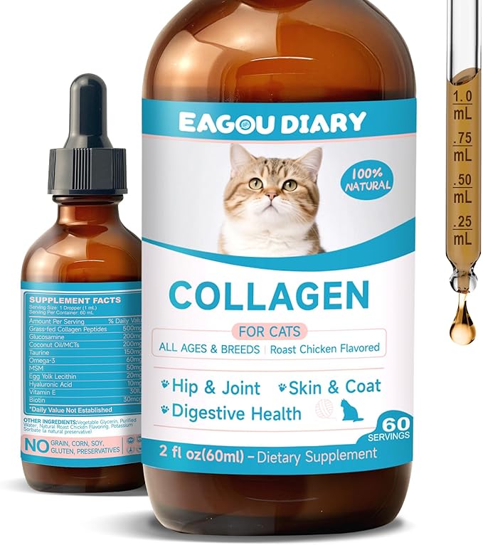 Collagen for Cats - Hip and Joint Supplement, Digestive & Immunity Support, Skin & Coat Health, Liquid Collagen for Cats with MSM, Glucosamine, Coconut Oil, Vitamin E, Roast Chicken Flavored, 60ml
