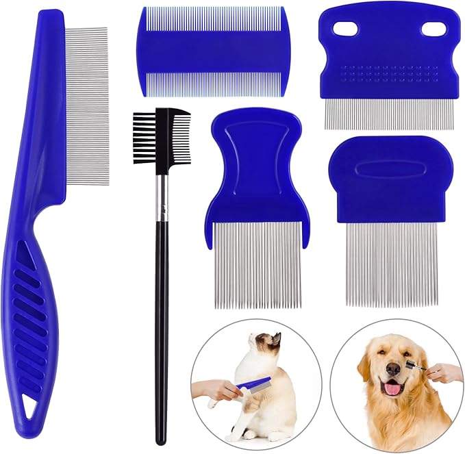 6 Pack Flea Comb for Cats Dogs,Stainless Steel Dog Cat Grooming Combs With Rounded Teeth,Double-Sided Tear Stain Remover,Dematting Comb For Dogs Cats Ideal for Small, Medium & Large Pets (Blue)