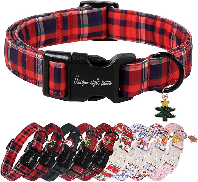 Unique Style Paws Christmas Dog Collar Plastic Buckle with Pendant Blue Purple Red Grid Cotton Puppy Collars for Small Medium Large Dogs