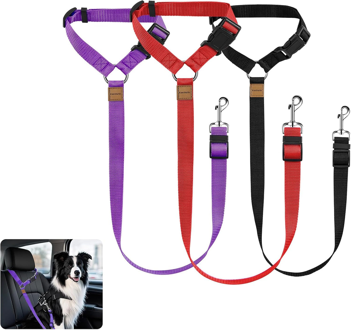 3 Pack Dog Seat Belt for Car, Car Headrest Restraint Adjustable Nylon Fabric, Dog Restraints Vehicle Seatbelts Harness (Black & Red & Purple)