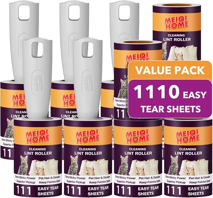 MEIQIHOME Lint Rollers for Pet Hair Extra Sticky, 1110 Sheets Mega Value Set Lint Roller with 5 Upgraded Handles, 10 Rollers Portable Pet Lint Roller for Clothes, Furniture, Dog & Cat Hair Removal