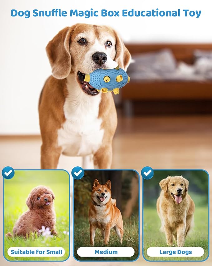 Interactive Dog Toy with Natural Rubber Soccer Design, Dental Care, Pet Energy Relief Brain Teaser Toy, Activity Training Foraging Toy, Mentally Stimulating Slow Feeder Dog Treat Dispenser Blue