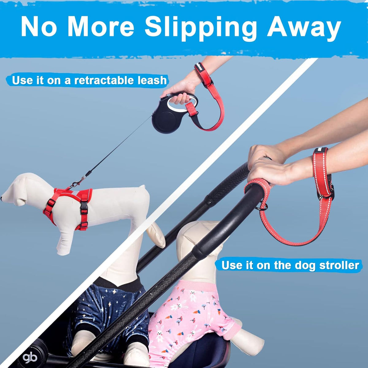PetBonus Short Dog Leash, Safety Wrist Strap for Retractable Dog Leash, Reflective Design and Adjustable Soft Padded Handle, Extra Layer Security for Pet Stroller (Red) 1 Pack