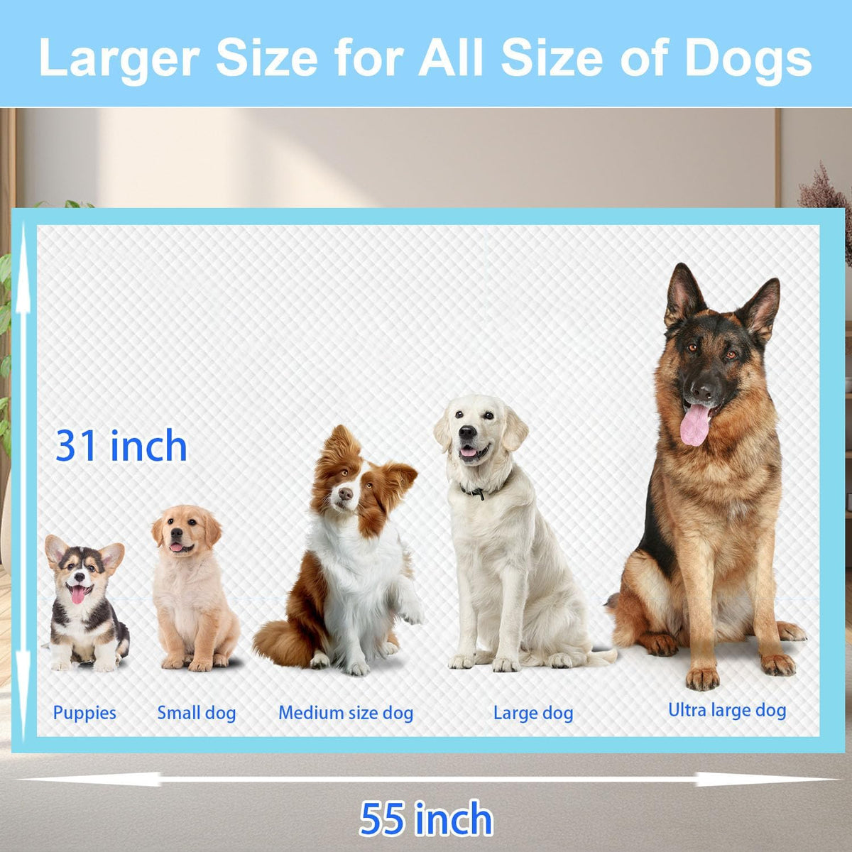 XXXXL Puppy Pee Pads for Dogs 31"x55" 40 Count, Extra Large Dog Pee Pads, Leak-Proof & Super Absorbent Dog Pee Pads, Thicken Disposable Potty Pads Puppy Training Pads for Cats Rabbits