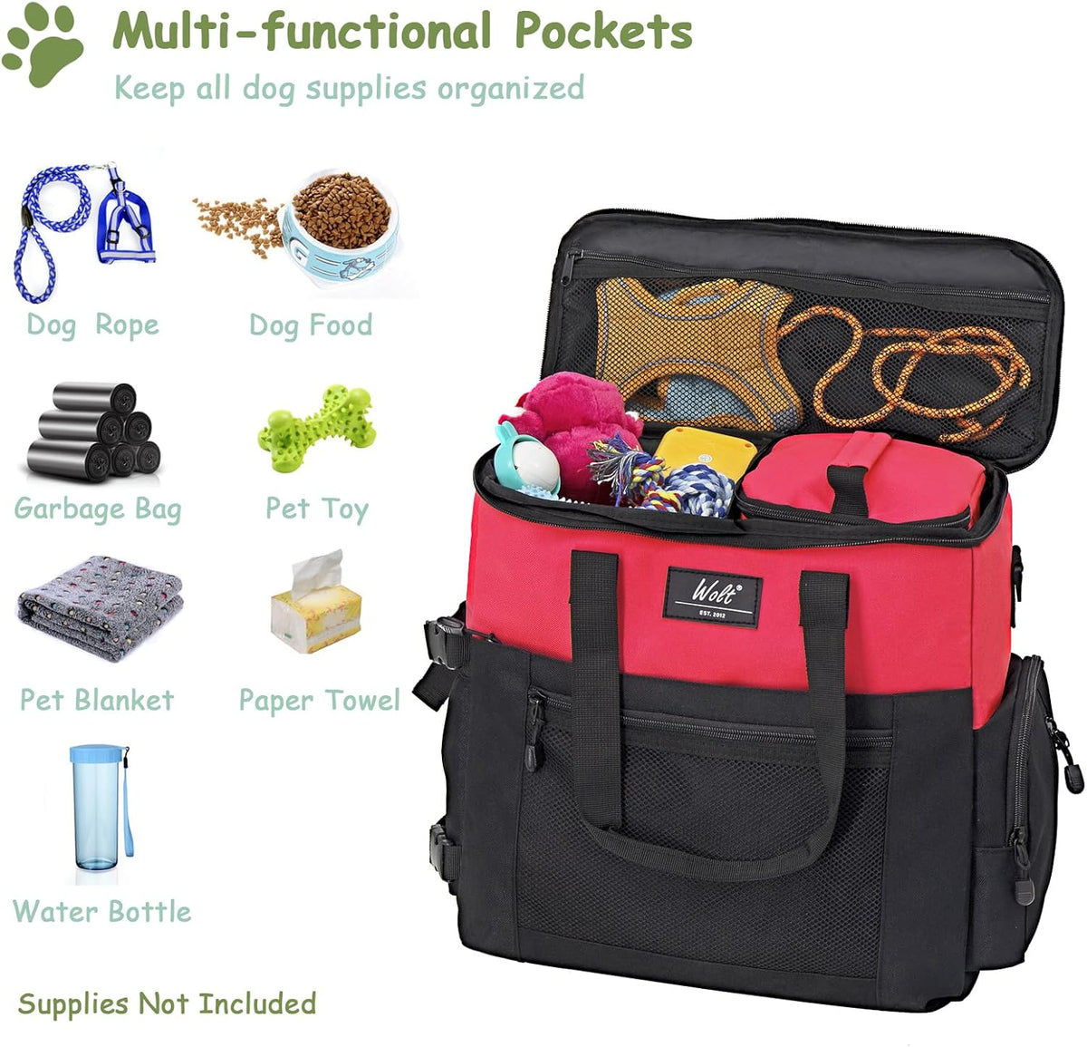 WOLT Dog Travel Bag Dog Bag for Traveling and Supplies with 2 Collapsible Bowls, 2 Food Containers, 1 Place Mat, Red
