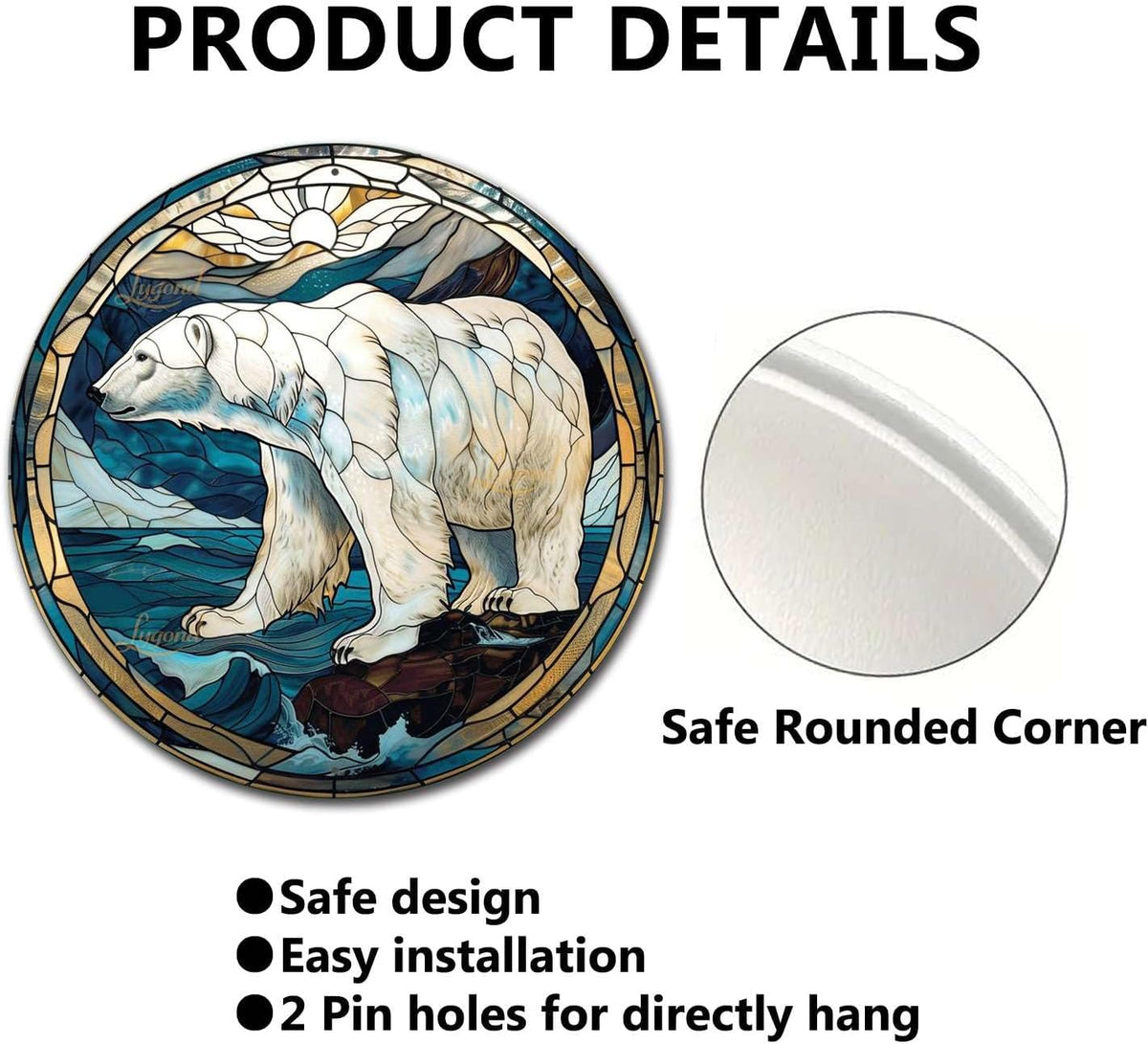 Lygond Metal Tin Sign - Circular Stained Glass Polar Bear Garage Sign For Home Decor - 8x8 Inches