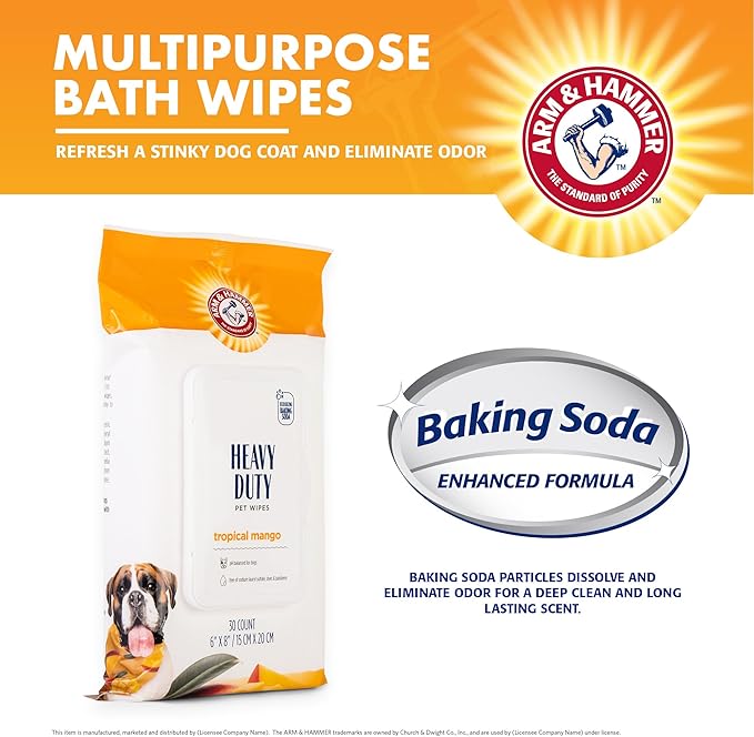 Arm & Hammer for Pets Heavy Duty Multipurpose Bath Wipes for Dogs, Travel Size, Mango Scent | All Purpose Dog Wipes Remove Odor & Refresh Skin for Pets | 30 Ct Pack of Travel Pet Wipes
