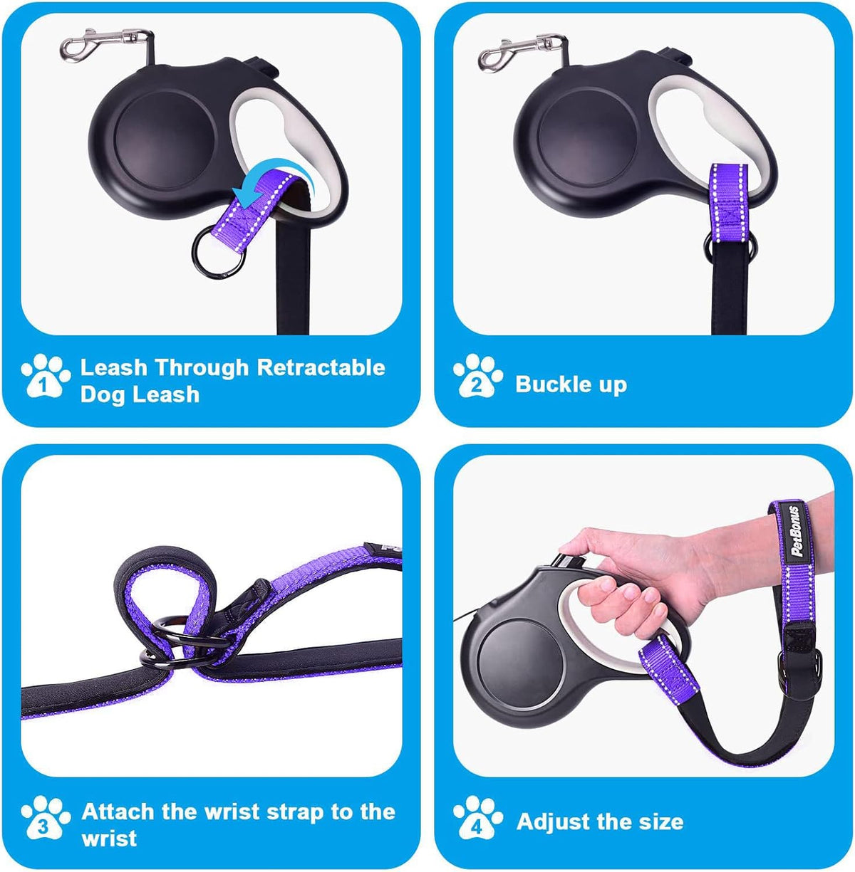 PetBonus Short Dog Leash, Safety Wrist Strap for Retractable Dog Leash, Reflective Design and Adjustable Soft Padded Handle, Extra Layer Security for Pet Stroller (Purple)