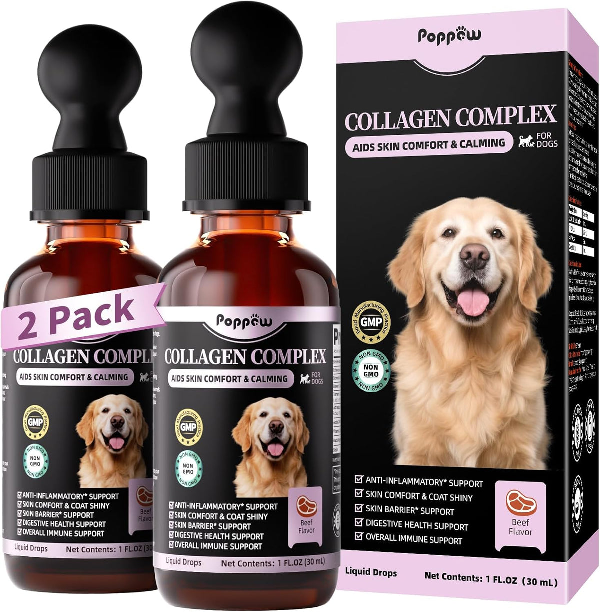Liquid Collagen for Dogs Skin Comfort & Calming, Dog Itch Relief & Anti-Scratching & Coat Supplement with Biotin for Skin Barrier & Sensitive Immune Health Support - Beef Flavor, 2 FL.Oz