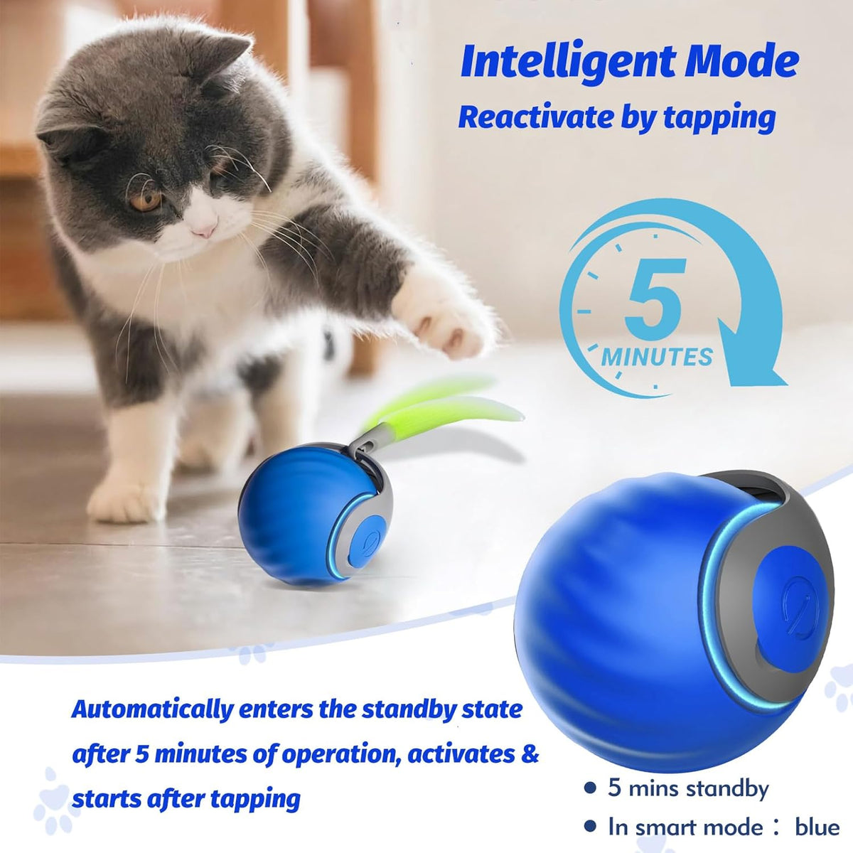 Upgraded Speedy Interactive Cat Ball 4.0 Toys with 2 Optional Tails, Smart Moving Ball Cat Toy for Bored Indoor Cats, Rechargeable & Detachable Automatic Kitten Rolling Balls Toy (Blue)
