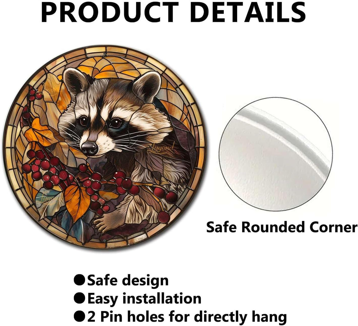 Lygond Metal Sign Tin Sign Circular Stained Glass Raccoon Garden Metal Sign for Pub 12×12 Inches