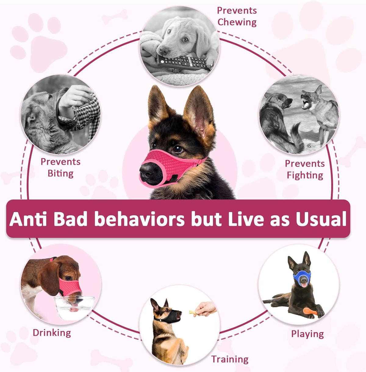LUCKYPAW Soft Muzzle for Small Medium Sized Dogs, Dog Muzzle to Prevent Biting Chewing, Adjustable Breathable Mouth Guard for Grooming Walking Training(Hot Pink, XS)