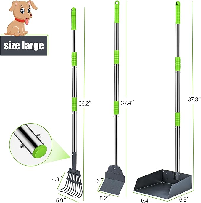 Niubya Pooper Scooper for Dogs, Metal Poop Scooper Tray Spade and Rake Set, Poop Scoop with Adjustable Long Handle, Dog Pooper Scooper for Pet Waste Removal