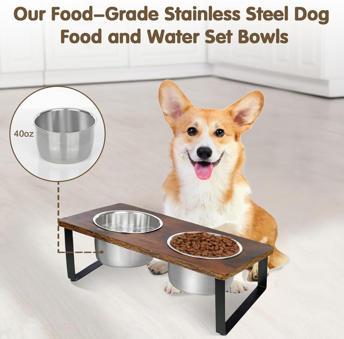 Elevated Dog Bowls for Small Medium Wood Dogs Raised Bowl Stand with 2 Stainless Steel Deep Dog Food and Water Bowls, Anti Vomit, Non-Slip Feeding Dishes(Tilted，3 inches in Height, 40oz