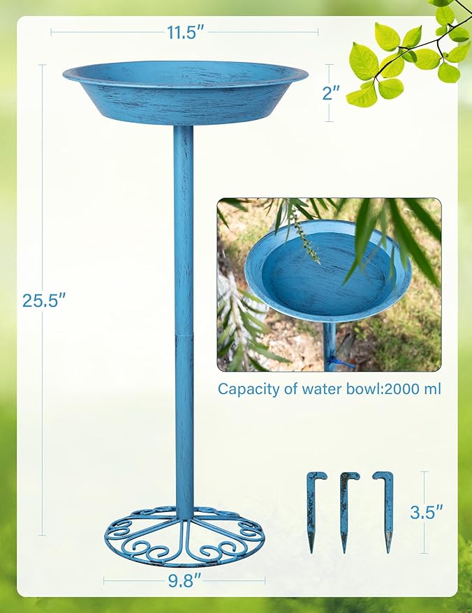 Bird Baths for Outdoors 25.5 Inch Height Outdoor Garden Bird Feeder Metal Birdbath with Dragonfly for Garden Yard and Lawn Decoration,Blue
