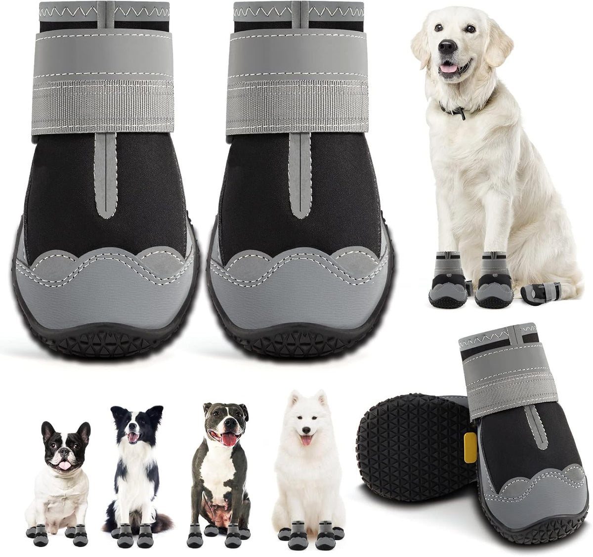 Dog Shoes for Large Dogs, Medium Dog Boots & Paw Protectors for Hardwood Floors, Outdoor Dog Booties for Hot Pavement Winter Snow Hiking, Waterproof Dog Shoes with Reflective Strips Size 6