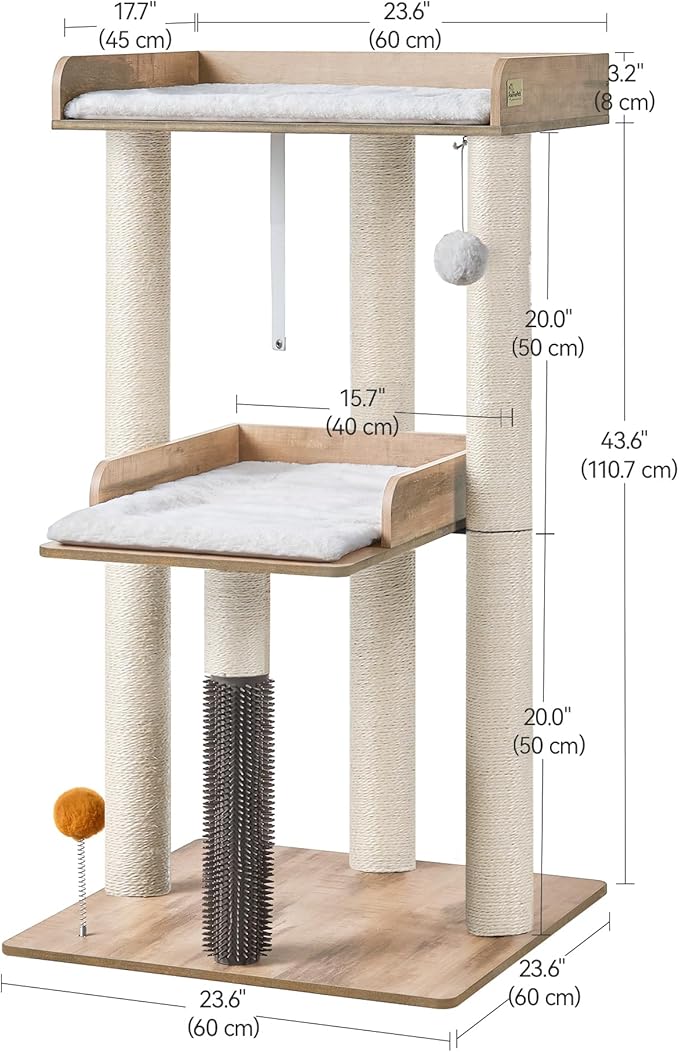 FourFurPets 43.7" Cat Tree, Modern Cat Tree Tower, Cat Tower for Indoor Cats Large Adult, Cat Condo with Scratching Post, Large Perch and Removable Pads, Greige