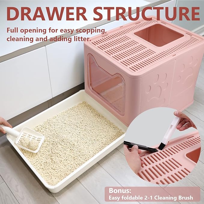 Foldable Cat Litter Box with Lid, Enclosed Potty, Large Top Entry Anti-Splashing Toilet, Easy to Clean Including Litter Scoop and 2-in-1 Cleaning Brush (Pink)