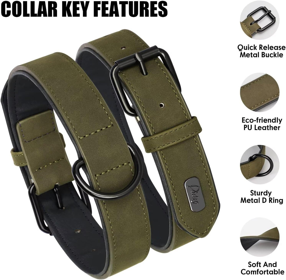 Didog Soft Padded PU Leather Dog Collar, Breathable and Adjustable Dog Collars for Medium Dogs, Comfortable for Daily Walk, Dark Green, L Fit Neck 13-17"(22-44 lbs)