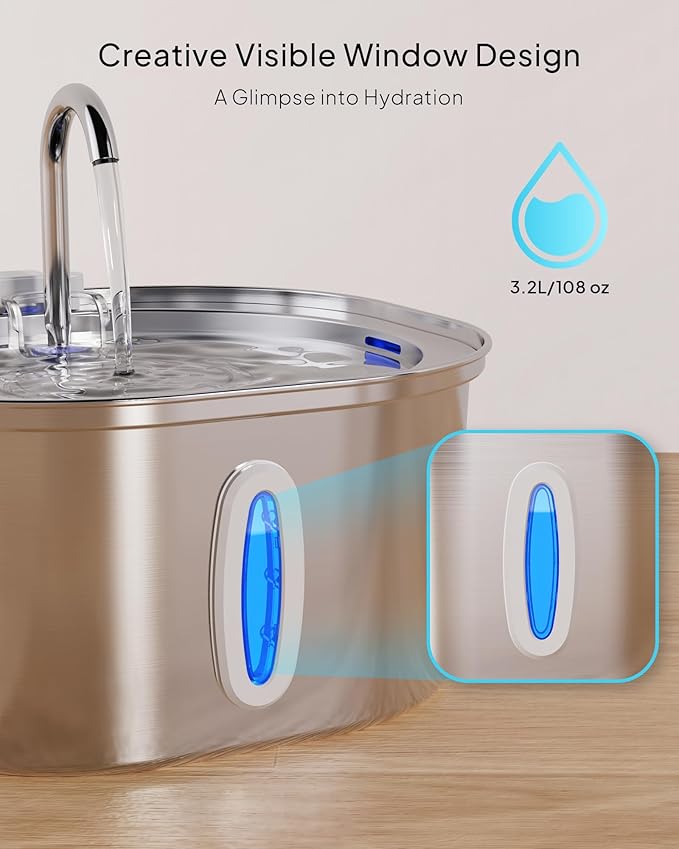 PEKTACO Stainless Steel Cat Water Fountain, 3.2L/108oz Cat Water Dispenser with Quiet Water Pump and Water-Level Window, Dishwasher Safe Pet Drinking Fountain for Cats with 6 Filters + 6 Sponges