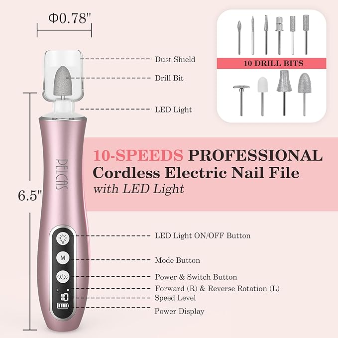 PELCAS Electric Nail File, 10 Speeds Cordless Nail Drill Kit with LED Light, Professional Nail Grinder with LCD Screen Portable e File for Human, Pet, Thick Toenails, Natural & Acrylic Nails Pink